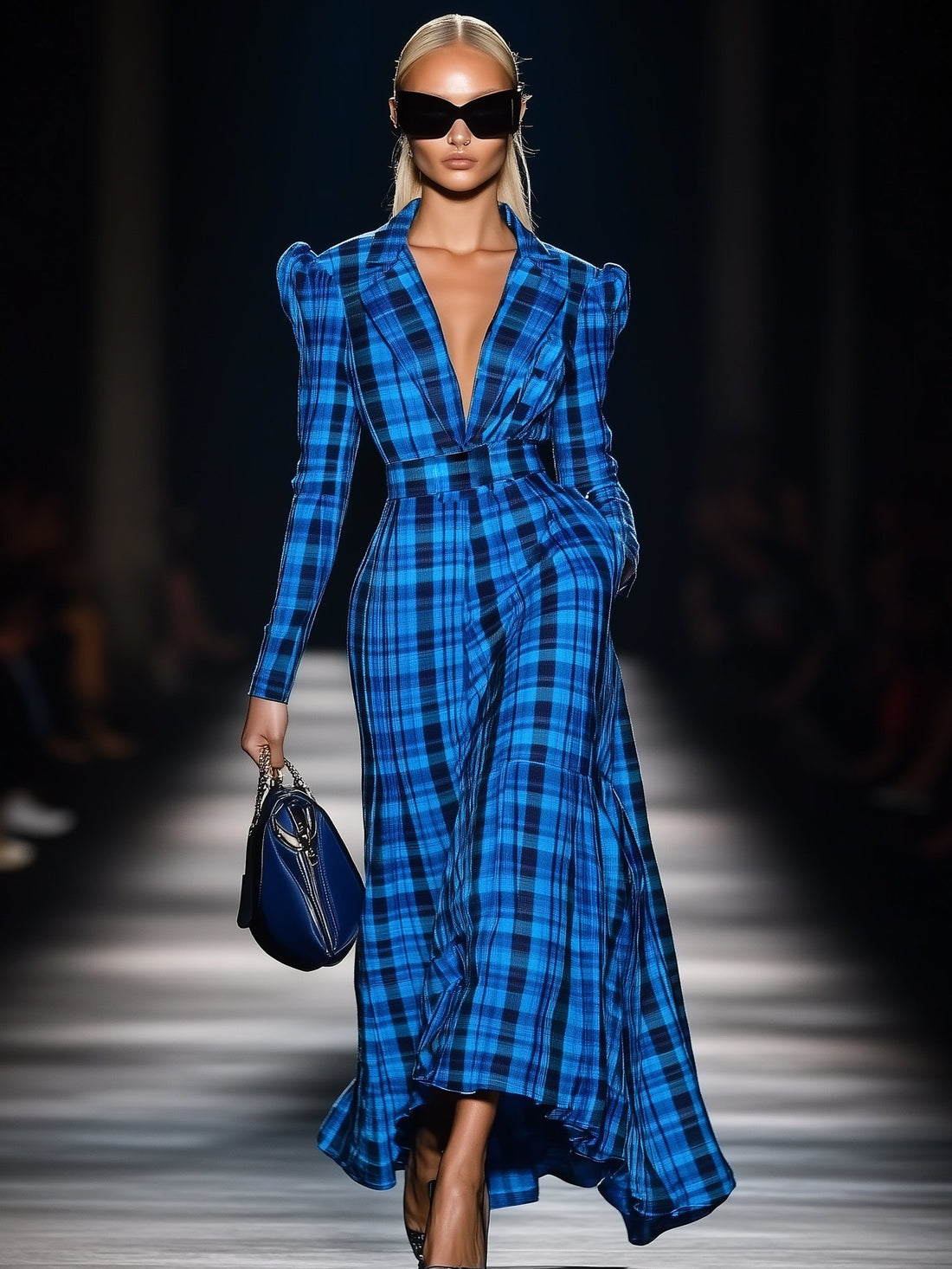 Elegant Lapel Plaid Long Sleeve Maxi Dress