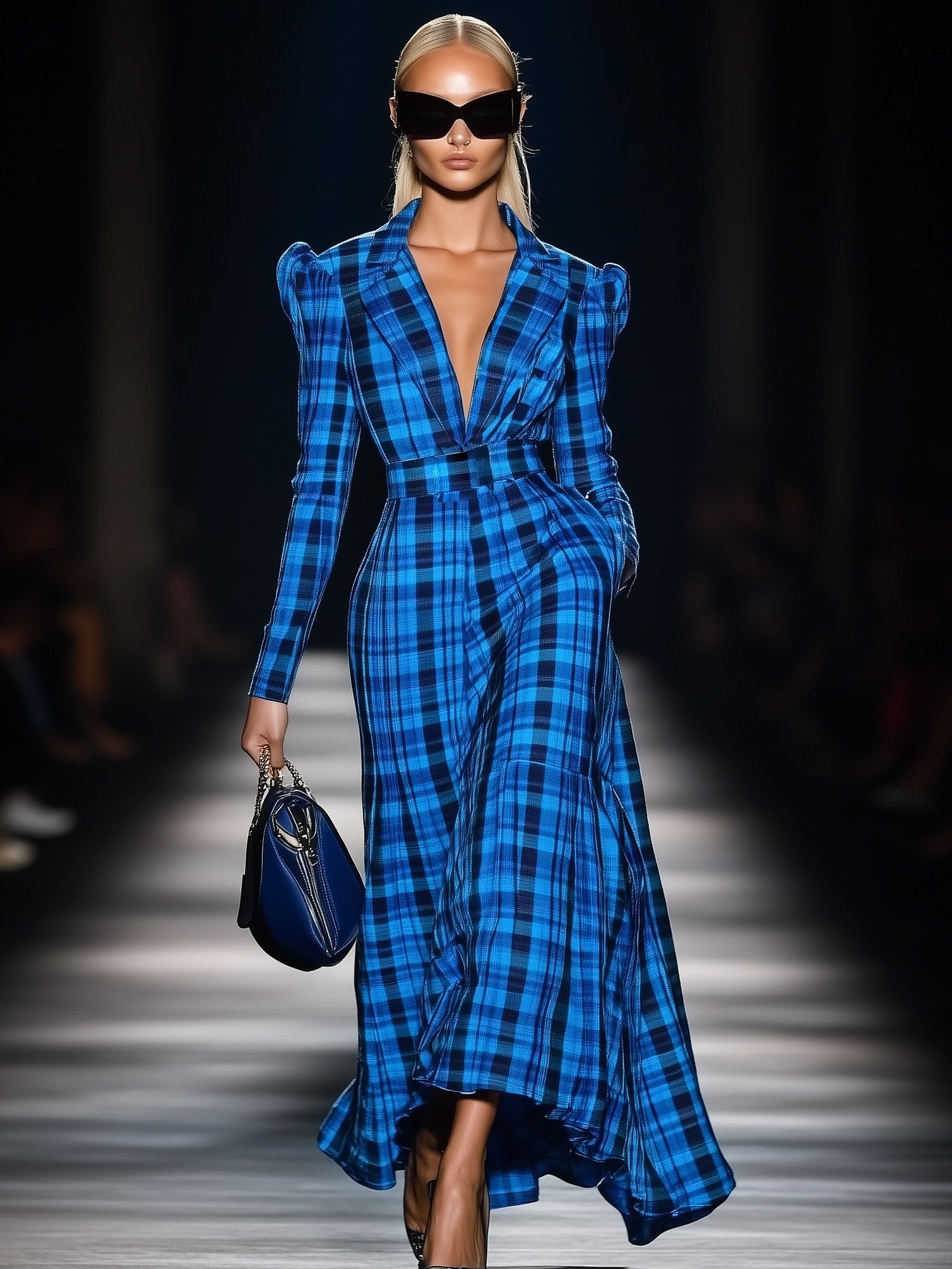 Elegant Lapel Plaid Long Sleeve Maxi Dress