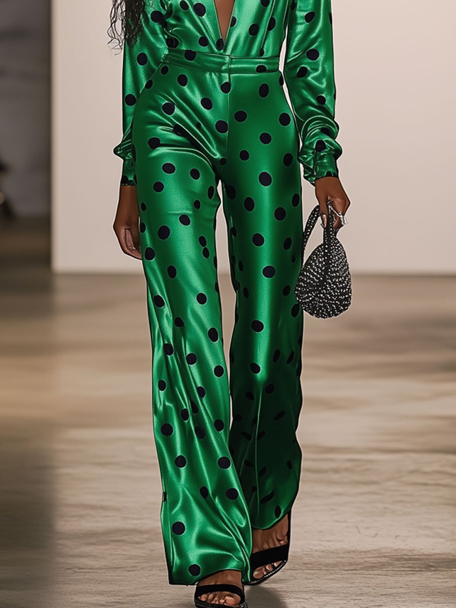 Casual Retro Black Polka Dot Green Satin Long Sleeve Wide Leg Jumpsuit