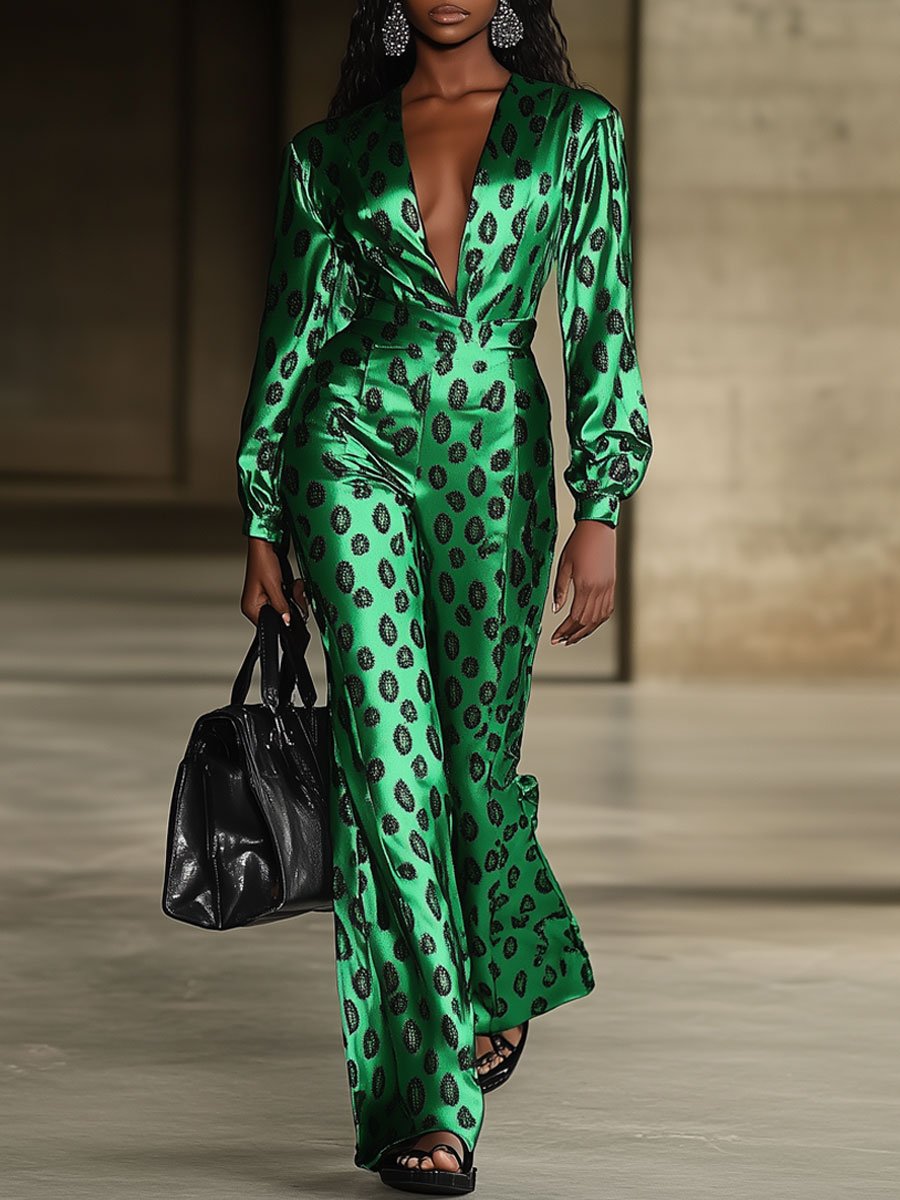 Casual Loose Retro Cashew Flower Print Green Satin Long Sleeve Wide Leg Jumpsuit