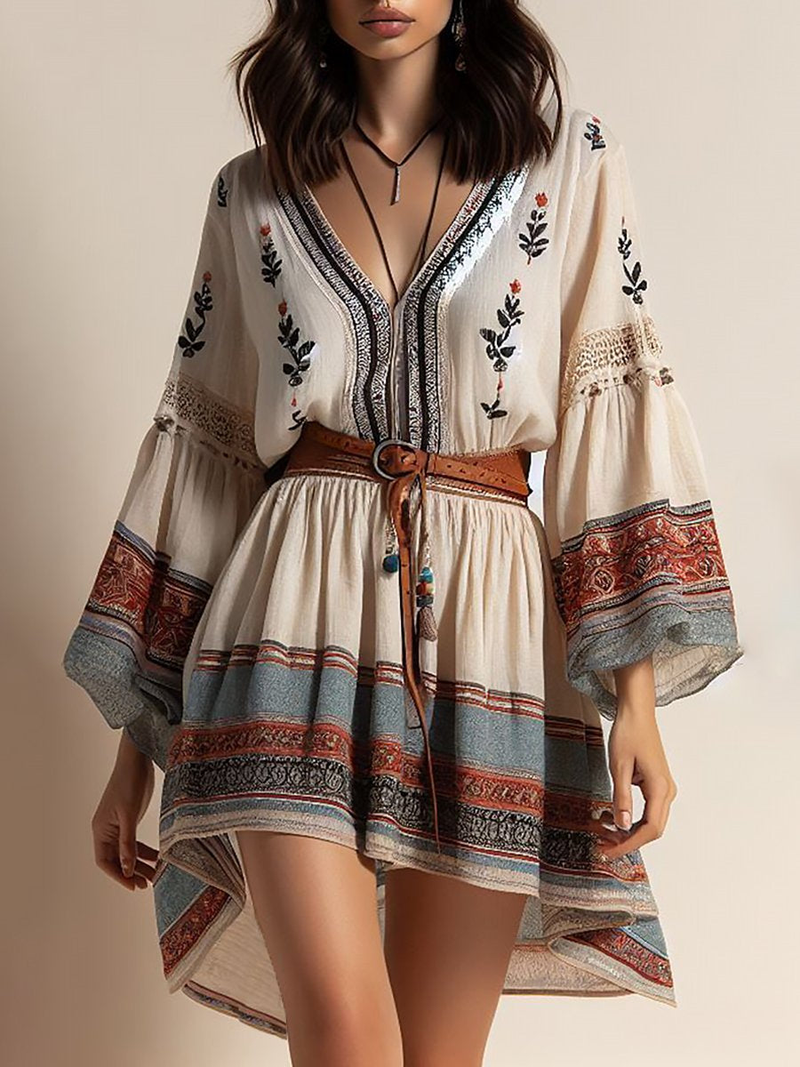 Retro Bohemian Printed V-Neck Mini Dress