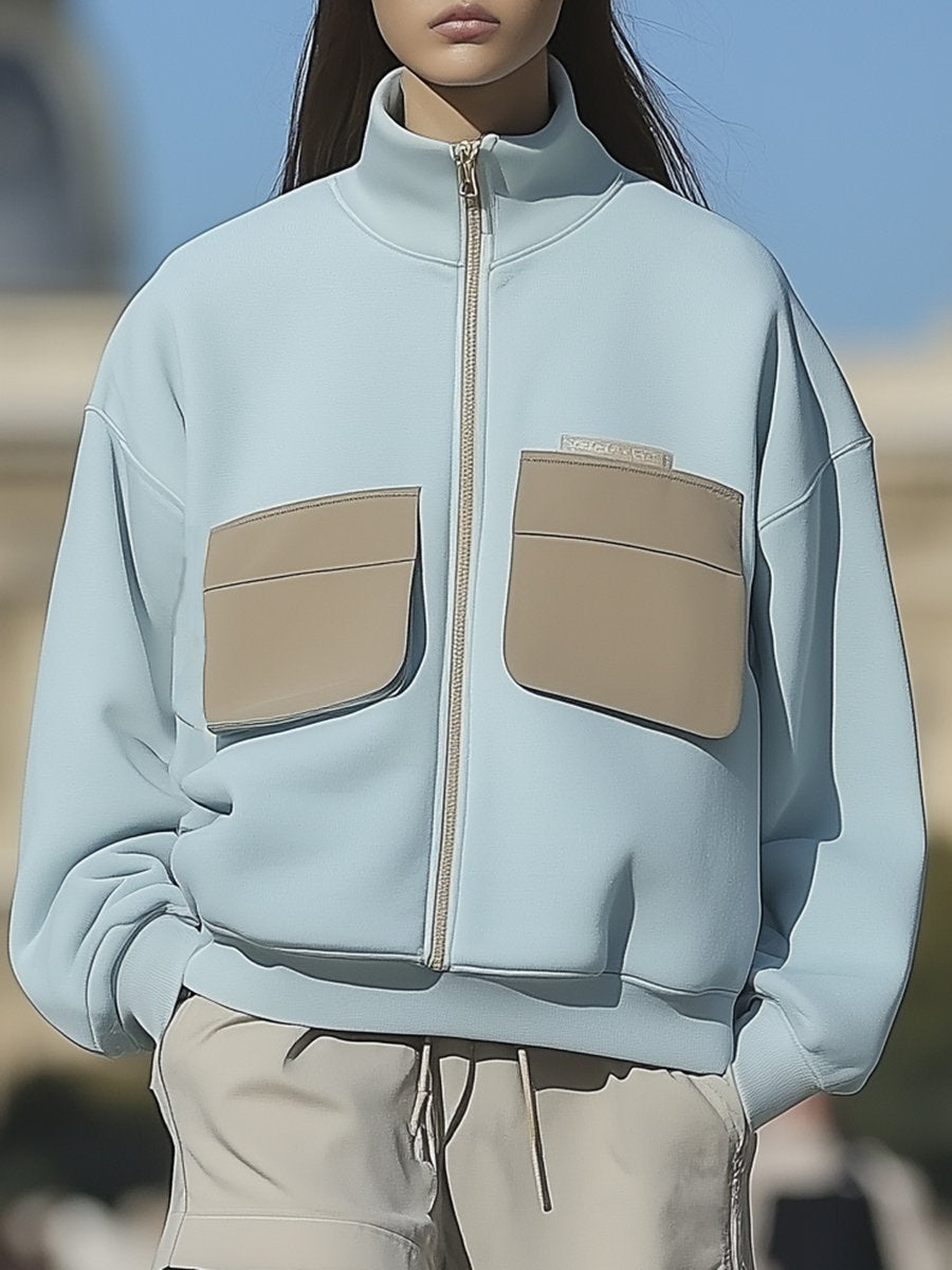 Casual Loose Light Blue Patchwork Beige Pocket Sweatshirt