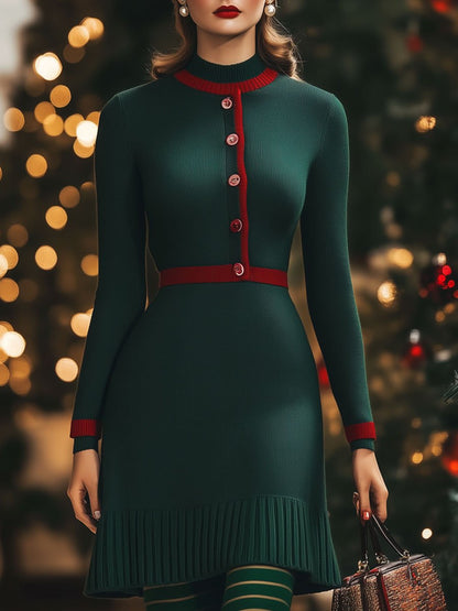 Fashion Retro Green And Red Woolen Round Neck Button Long Sleeve Mini Dress