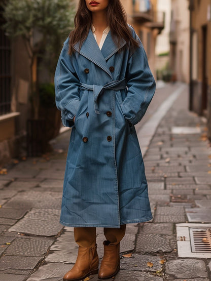 Casual Loose Retro Double-Breasted Belted Denim Trench Coat