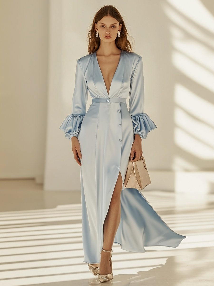 Charming and Sexy Soft Blue Satin V-neck Side Slit Long Sleeve Maxi Dress