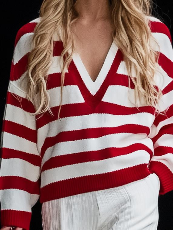 Fashionable Red And White Striped Hooded Long-Sleeved Knitted Sweater