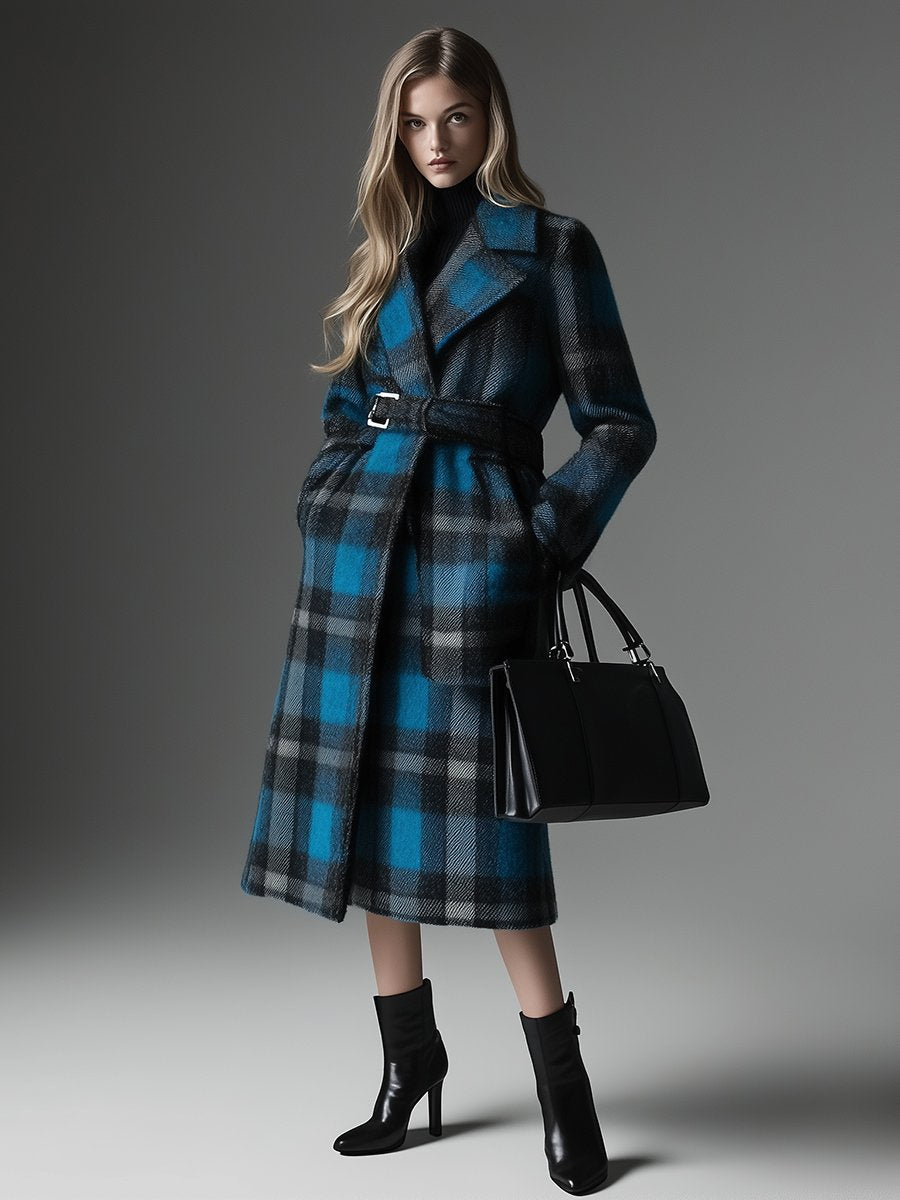 Casual Loose Retro Pocket Wool Plaid Mid-Length Coat