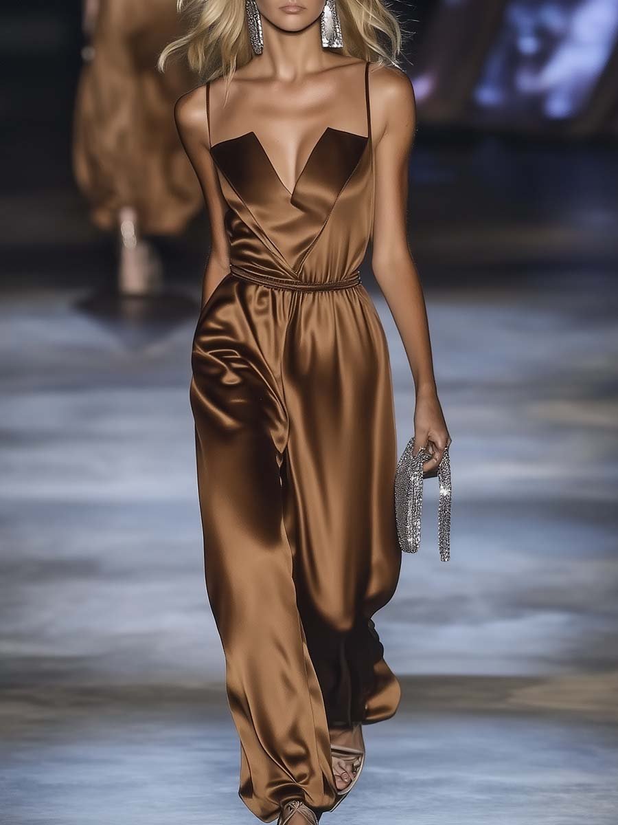 Elegant Personality Sling V-neck Brown Satin Jumpsuit