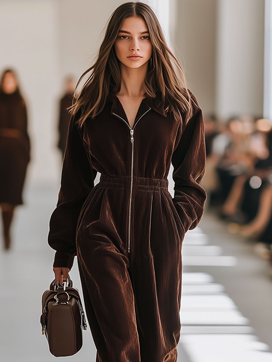 Casual Loose Retro Chocolate Brown Corduroy Zipper Wide Leg Jumpsuit