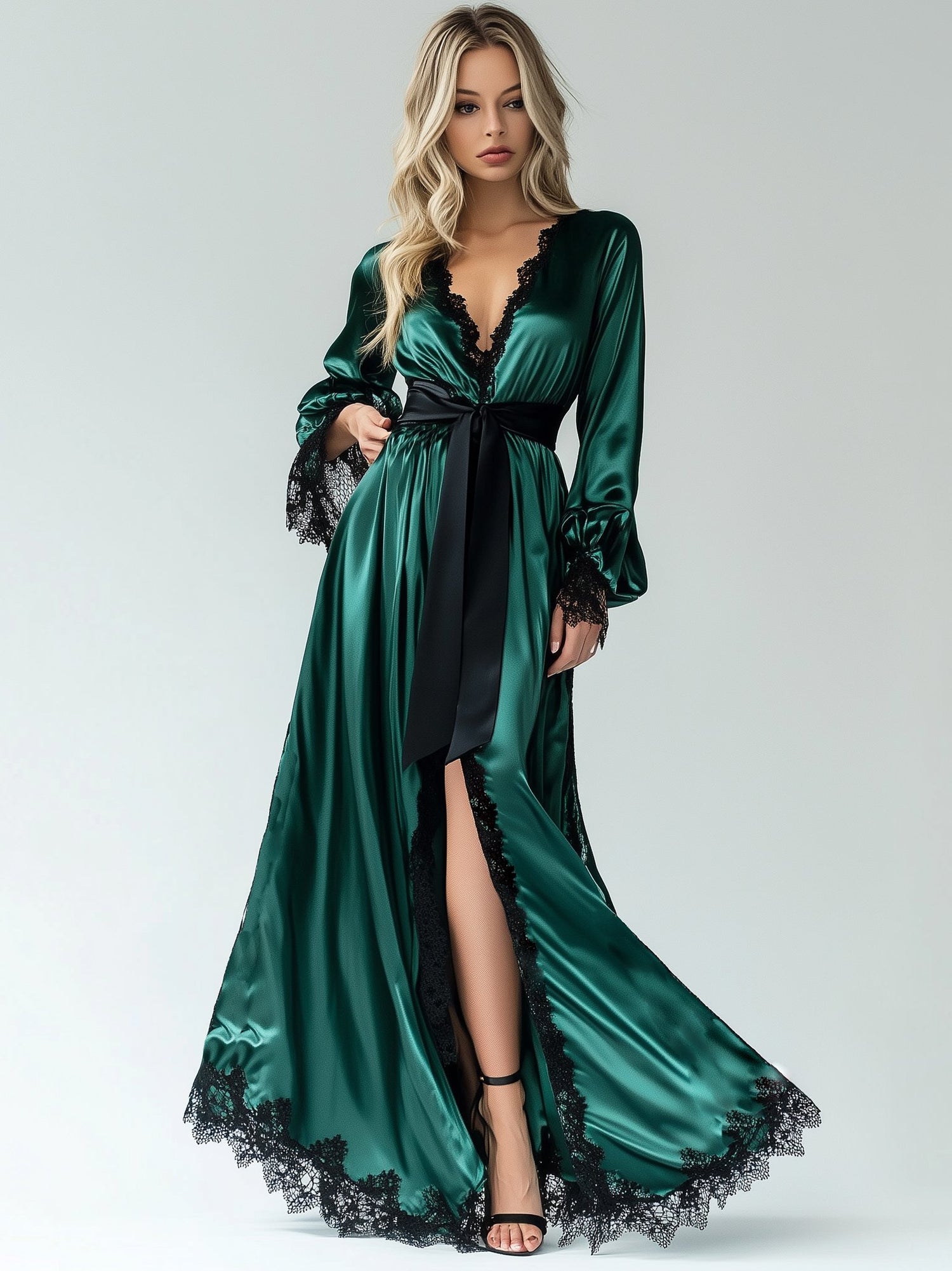 Elegant Satin Robe-Style Lace Trim Long Sleeve Maxi Dress