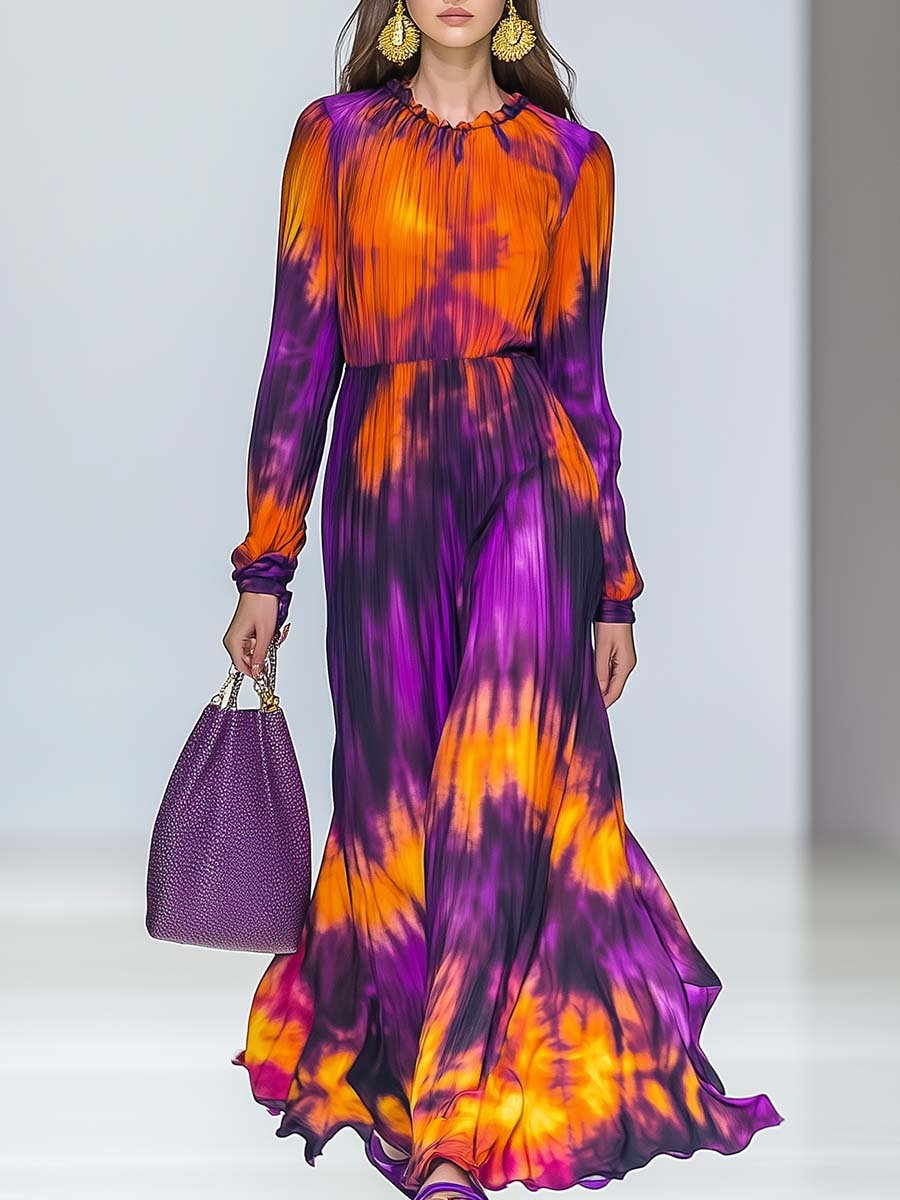 Elegant and Energetic Round Neck Pleated Orange and Purple Tie-dyed Maxi Dress