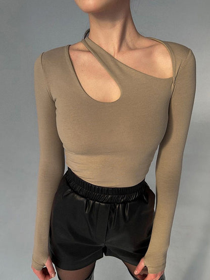 Asymmetric Cutout Neck Solid Bodysuit Long Sleeve Top