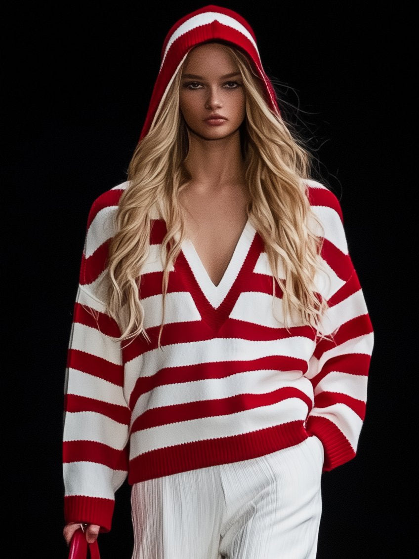 Fashionable Red And White Striped Hooded Long-Sleeved Knitted Sweater