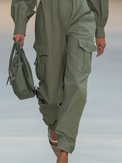 Casual Loose Workwear Army Green Long-Sleeved Jumpsuit