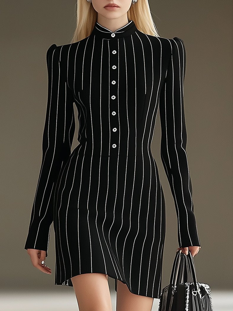 Classic Striped Stand Collar Black Long Sleeve Mini Dress