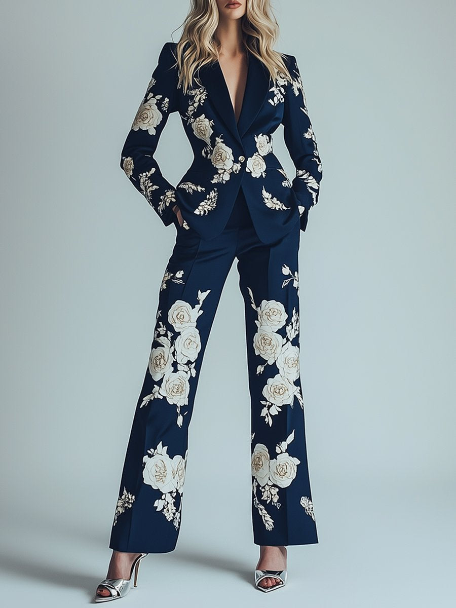 Elegant And Romantic Floral Print Dark Blue Set