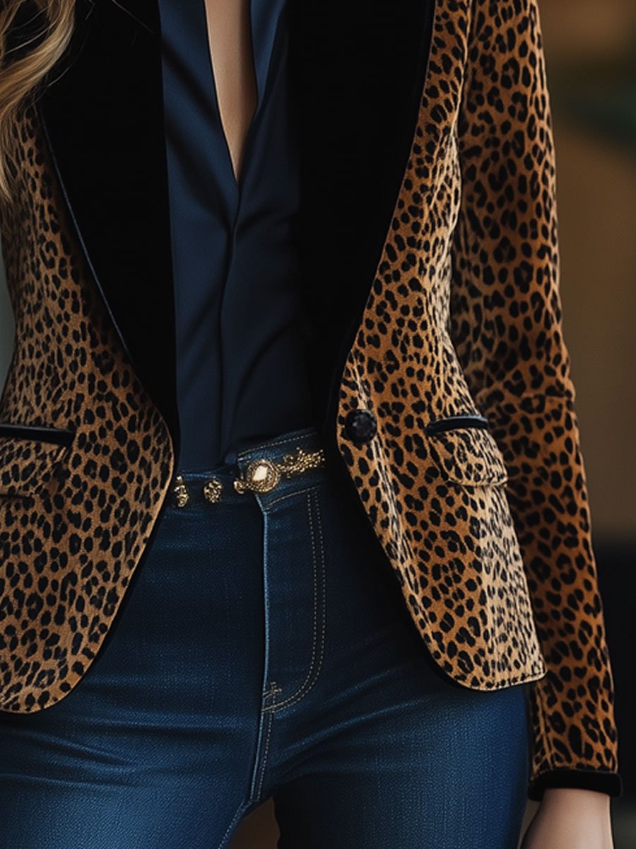 【24-hour shipping】Casual Retro Leopard Print Colorblock Lapel Pocket Blazer