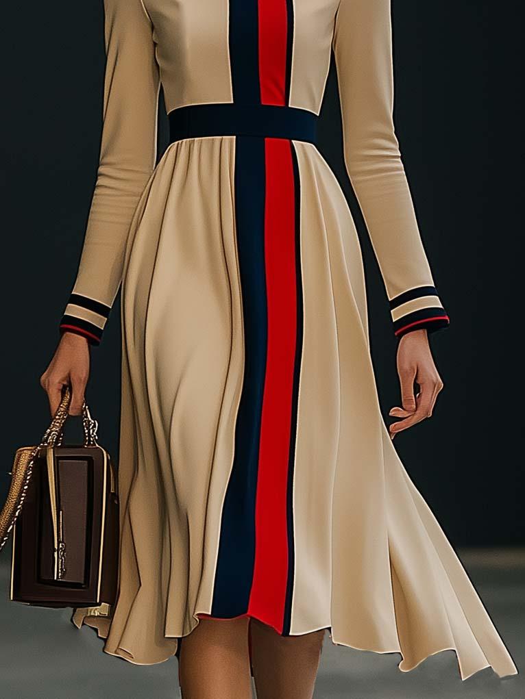 Elegant Colorblock Long Sleeve Midi Dress