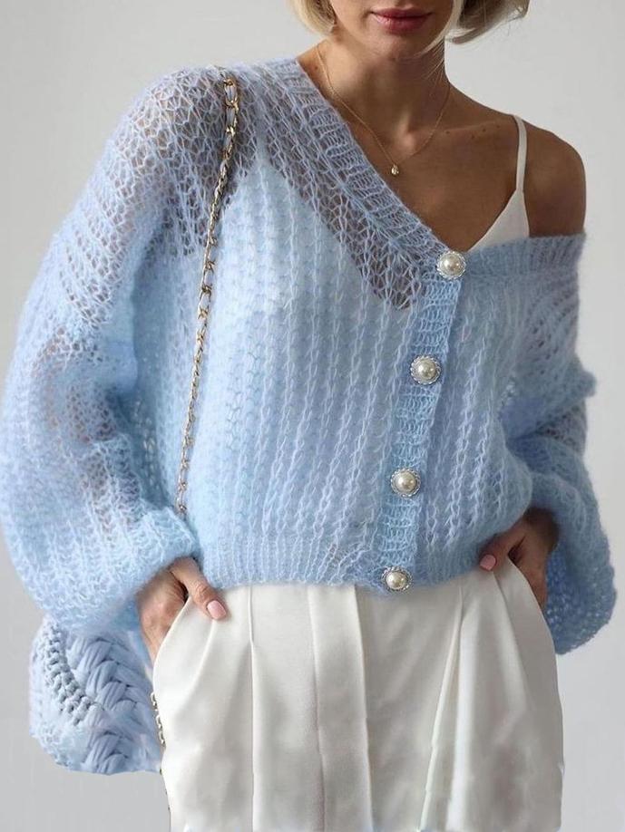 Fresh Blue Thin Knitted Long-Sleeved Cardigan