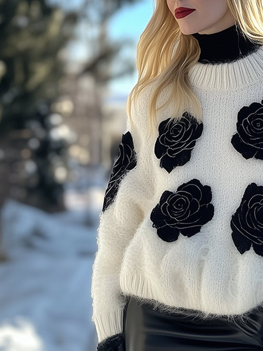 Fashion Loose Casual  Rose Decorated Mohair Sweater