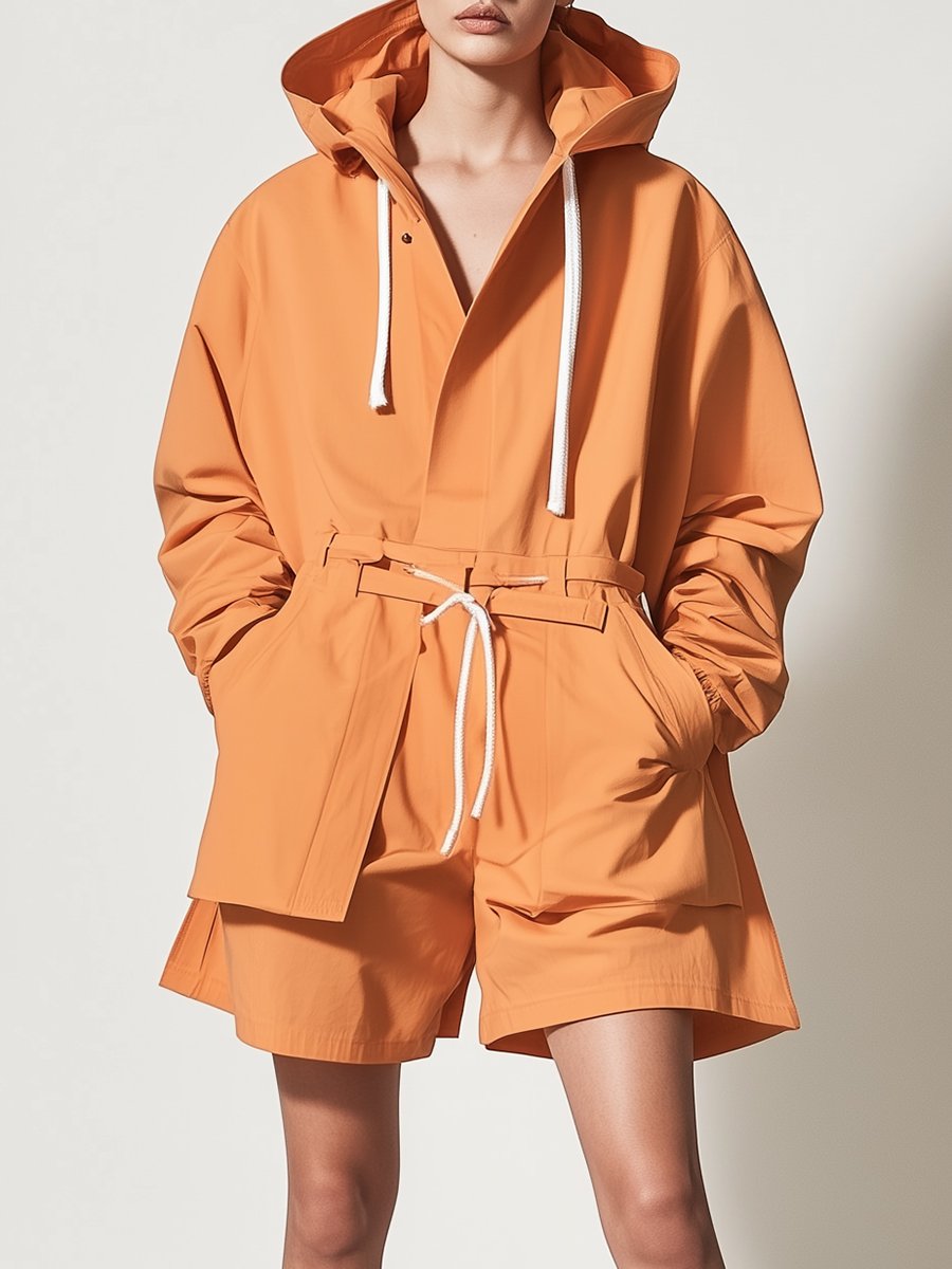 Fashionable Casual Orange Drawstring Sports Jumpsuit