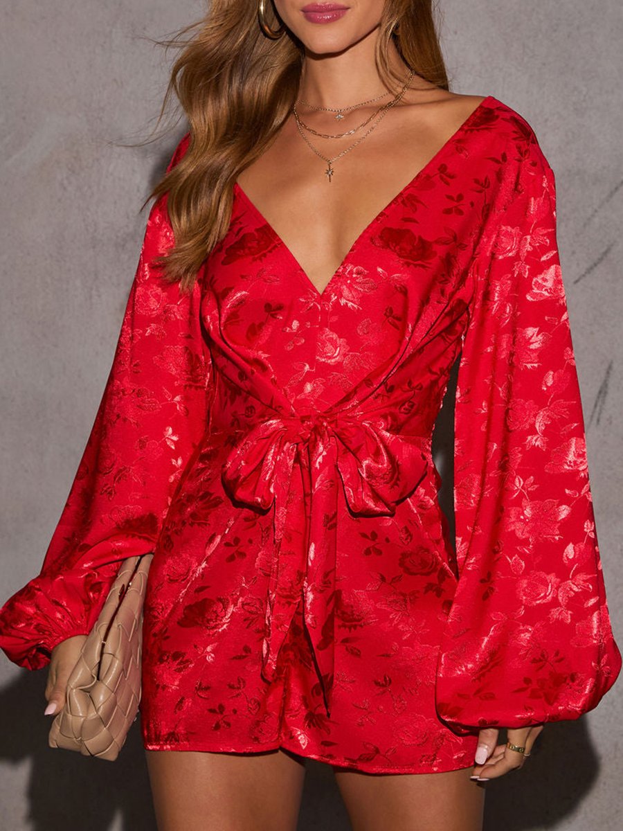 High-End Elegant And Fashionable Red Jacquard Strappy Jumpsuit