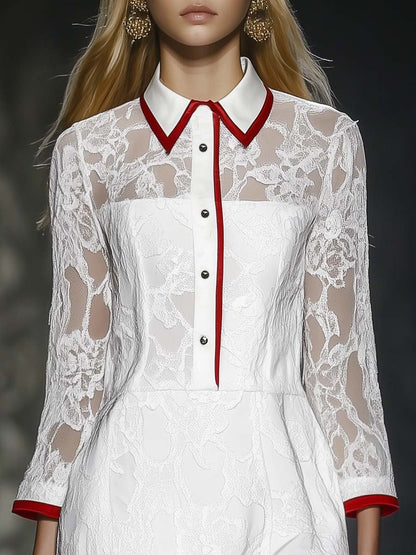 Fashionable 3/4 Sleeves Red Contrast White Lace Mini Dress