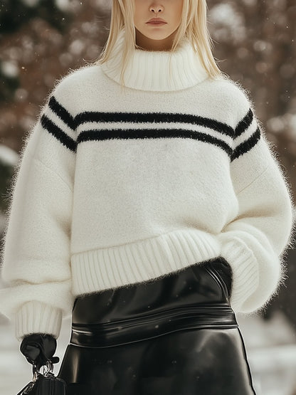 Fashion Loose Casual High Neck Striped Mohair Sweater