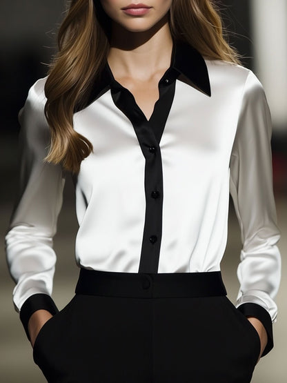 Casual Loose Classic Black And White Long-Sleeved Blouse