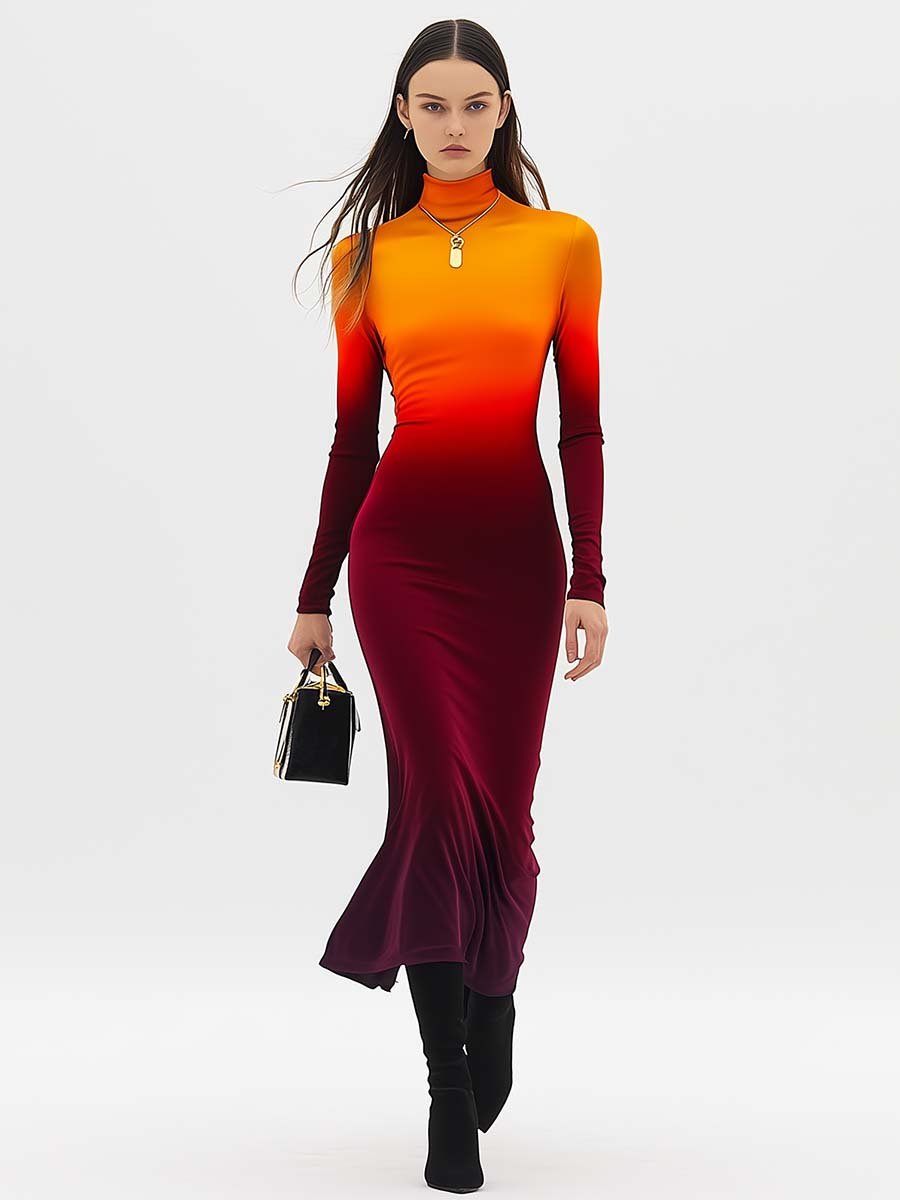 Elegant and Unique High Collar Slim Fit Orange and Burgundy Gradient Midi Dress