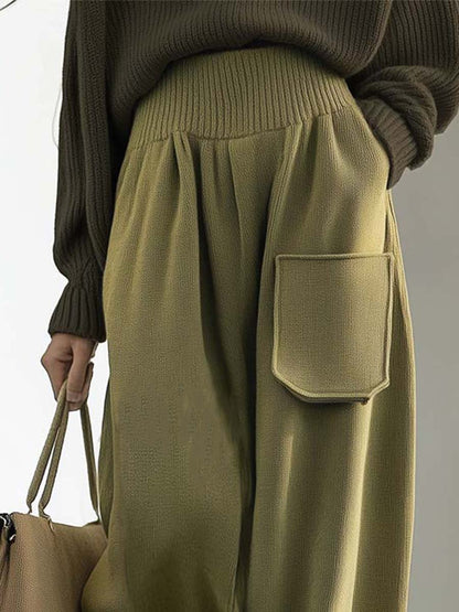 Retro Fashion Loose Pocket Knit Wide Leg Pants