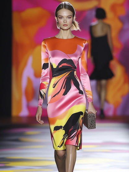 High-end Fashionable Pink, Orange and Black Abstract Printed Midi Dress