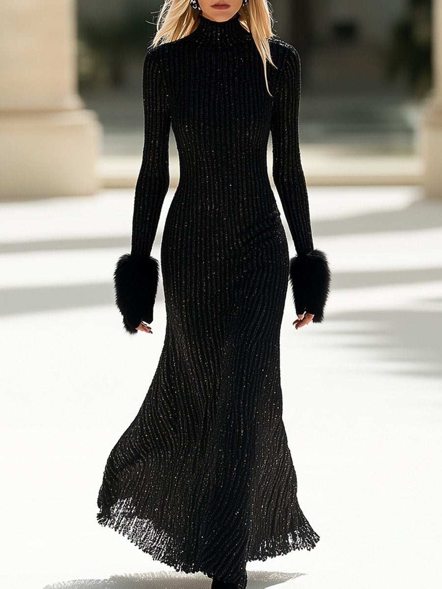 Elegant and Generous High-Neck Fur Sleeve Tight Black Knitted Maxi Dress