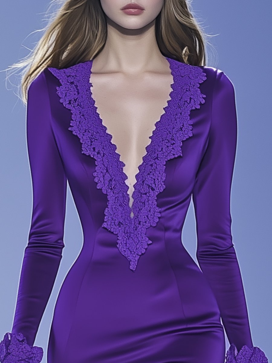 Fashionable Sexy Purple V-neck Lace Satin Long-sleeved Midi Dress