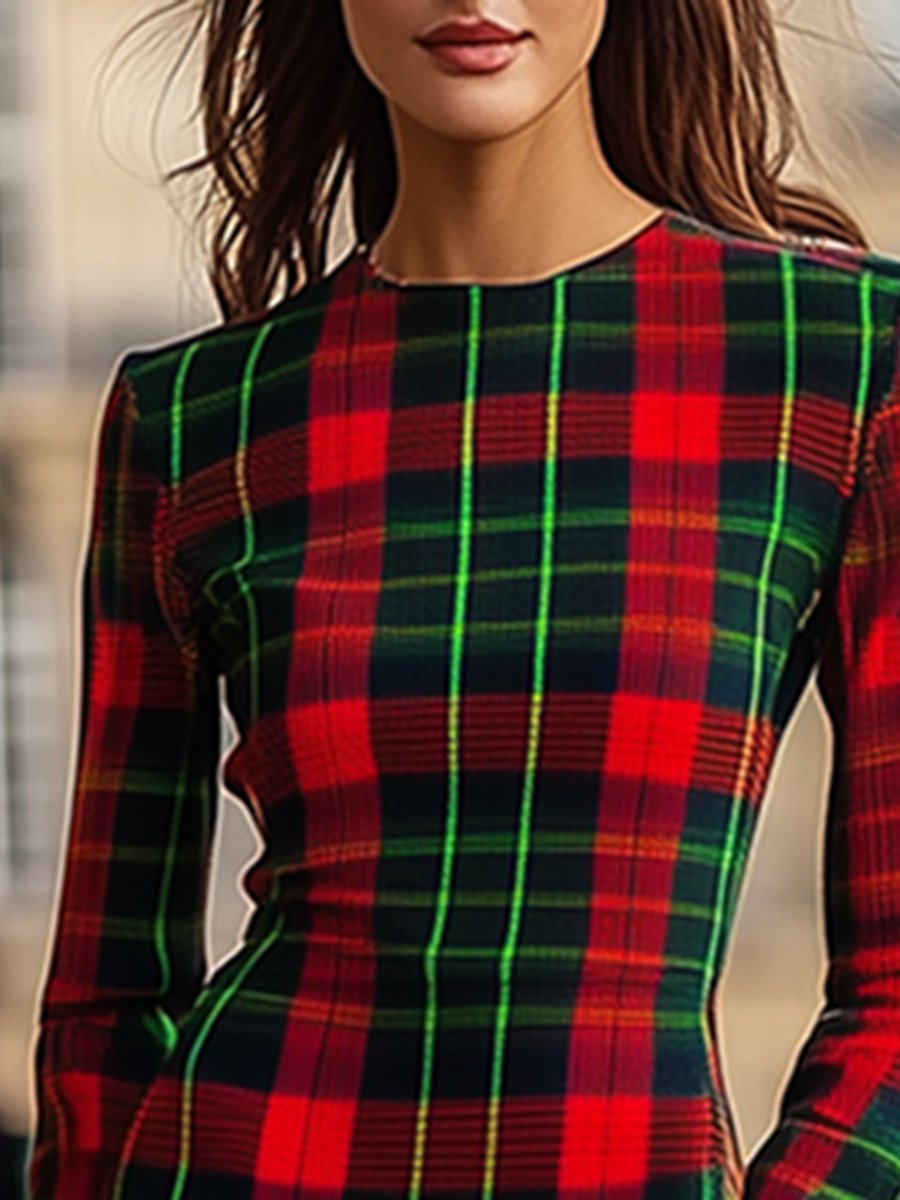 Retro And Fashionable High-End Color Matching Round Neck Red And Green Plaid Dress