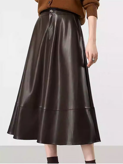 High-End Fashion Temperament Exquisite Long Leather A-Line Skirt