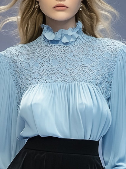 Elegant and Intellectual Baby Blue Ruffled Half-high Collar Chiffon Lace Top Blouse