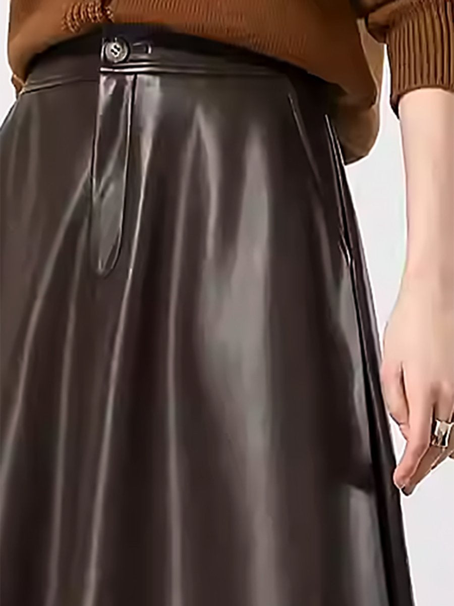 High-End Fashion Temperament Exquisite Long Leather A-Line Skirt