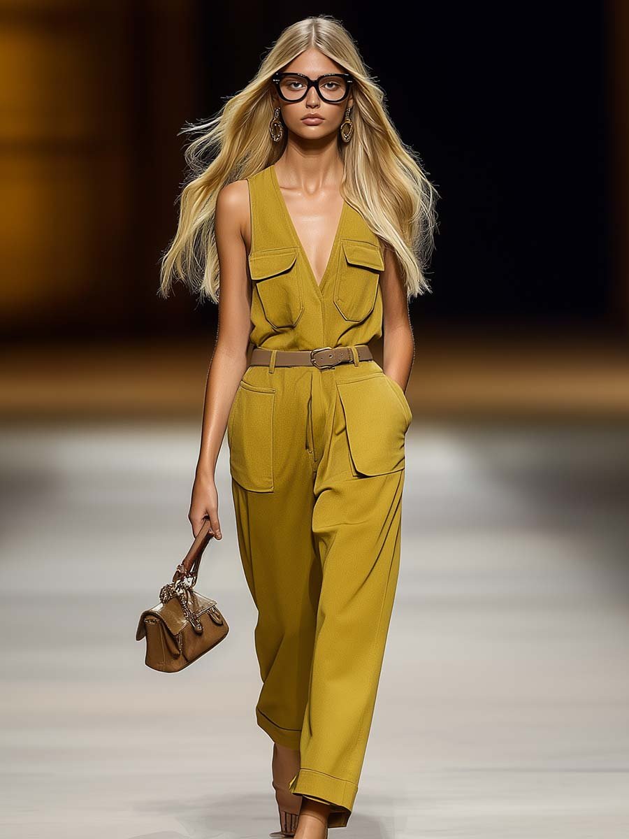 Elegant and Fashionable Vest Style Belted Yellow Overalls Jumpsuit