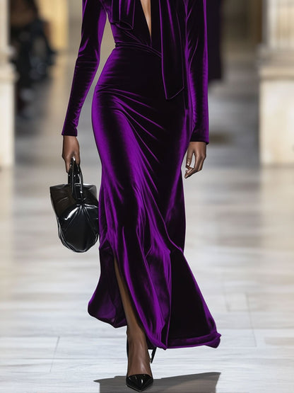 Fashion Retro Purple Velvet Collar Tie Slit Long Sleeve Maxi Dress