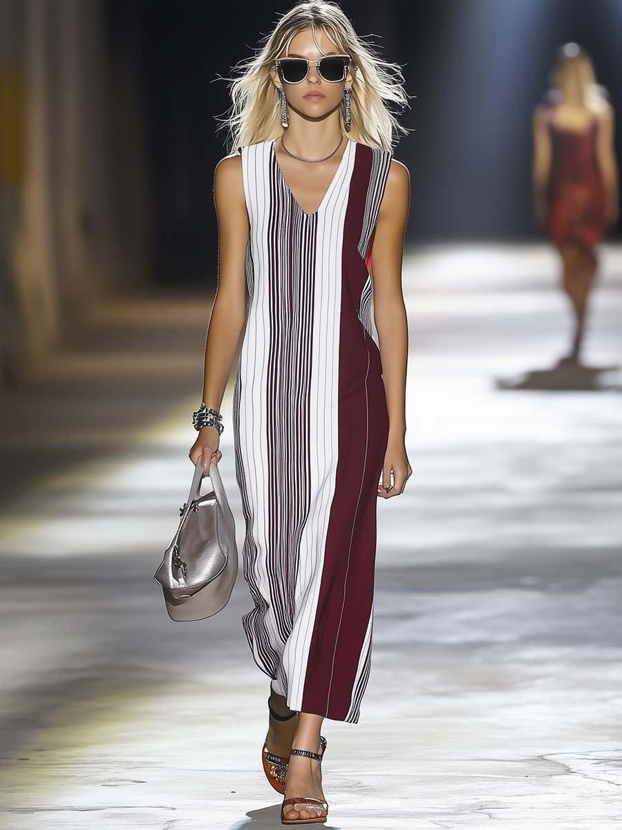 Fashion Casual V-neck Striped Print Straight Maxi Dress