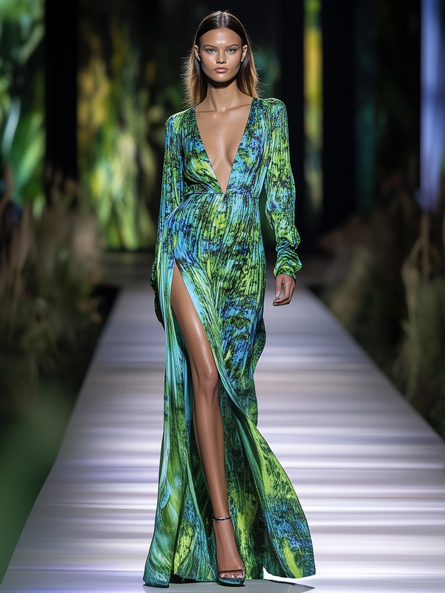 Fashionable Holiday V-neck Blue and Green Printed Slit Maxi Dress