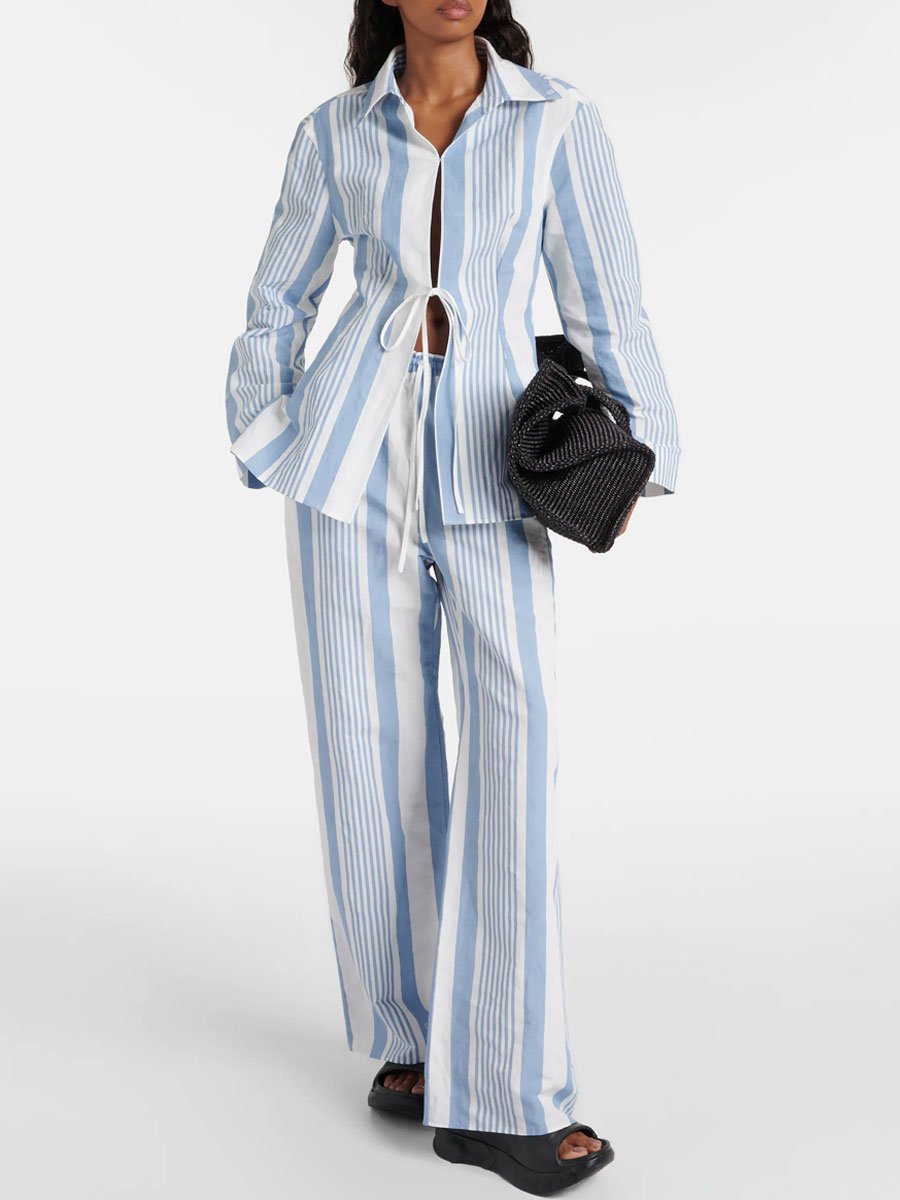 Casual Loose Blue Striped Cotton Long Sleeve Shirt Wide Leg Pants Set