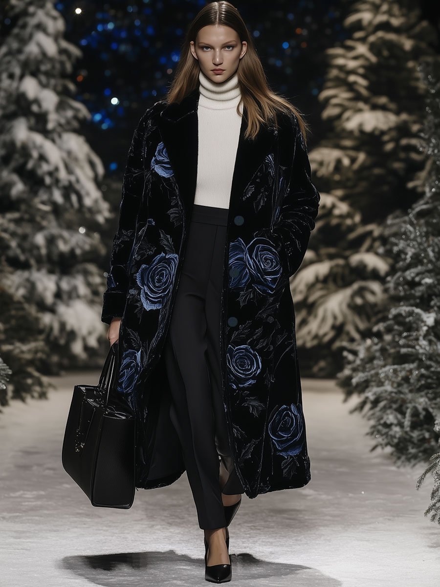 Casual Loose Retro Black Velvet Blue Rose Print Long Pocket Coat