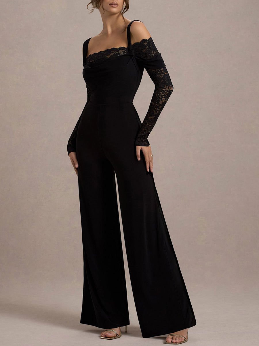 Fashion Party Lace Stitching Off-the-shoulder Long-sleeved Wide-leg Flared Jumpsuit