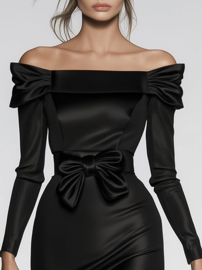 Intellectual and Elegant One-shoulder Collar Black Satin Bow Belt Long-sleeved Midi Dress