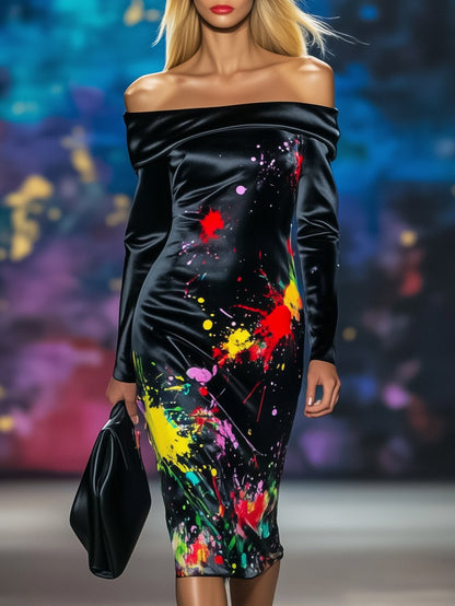 Artistic Colorful Ink One-Shoulder Satin Black Long-Sleeved Midi Dress