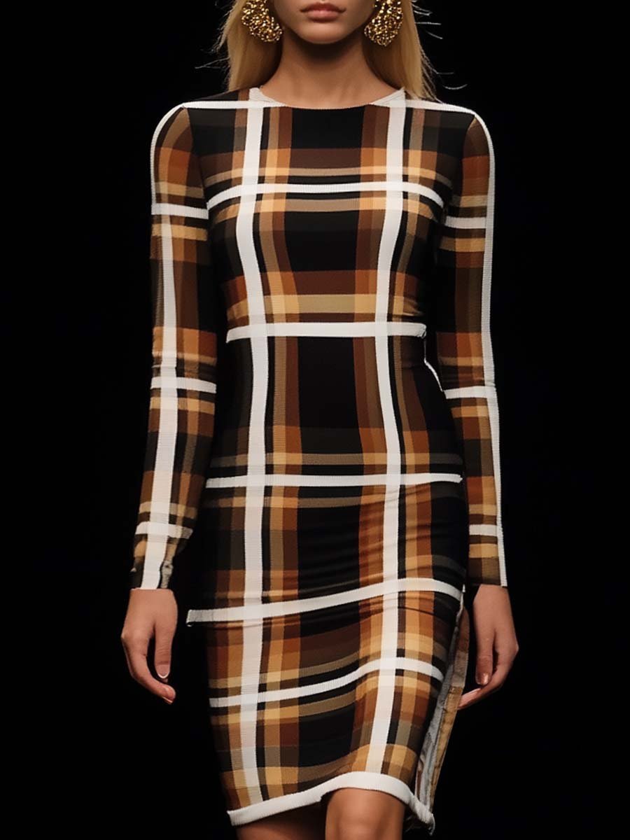 Fashionable and Energetic Round Neck Brown Plaid Stretch Mini Dress