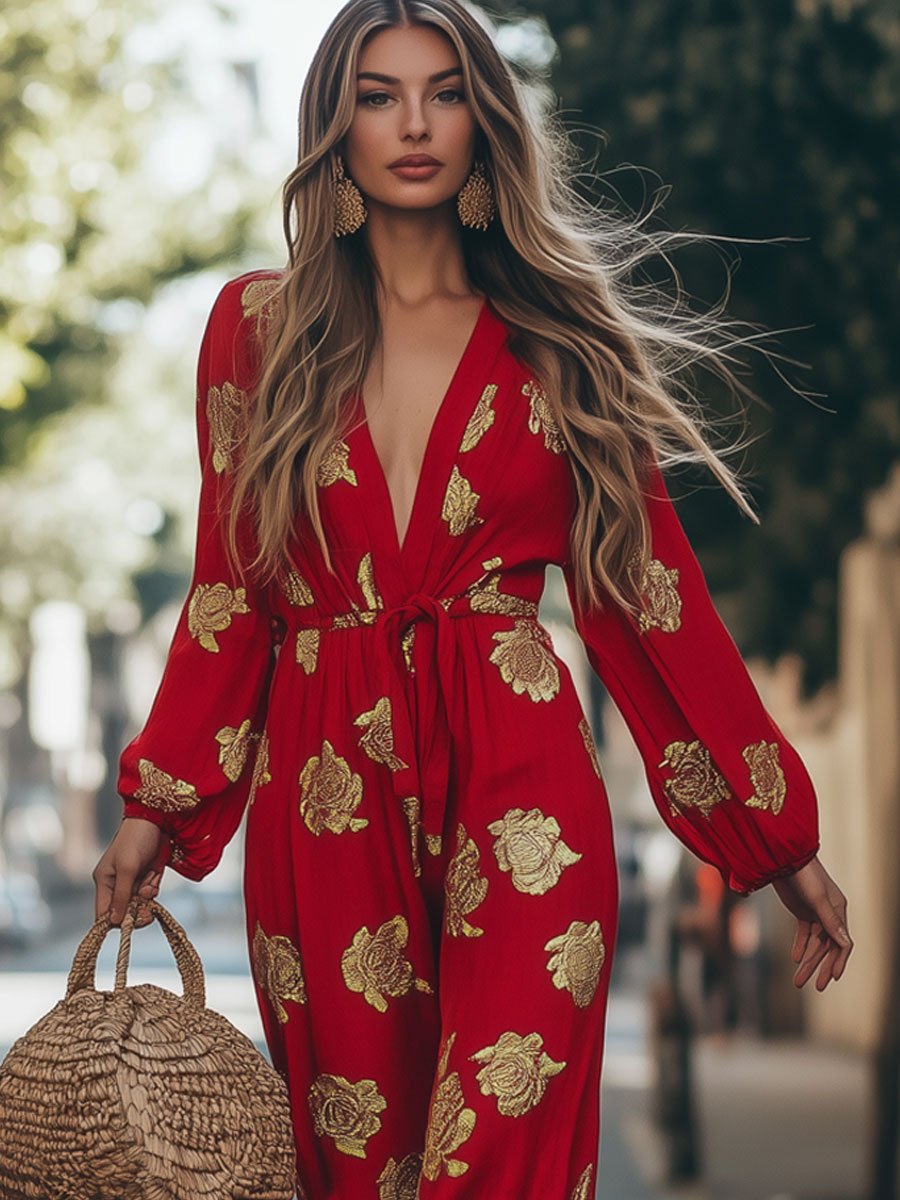 Casual Cotton and Linen Gold-stamped Rose Printed Long-sleeved Lace-up Flared Jumpsuit