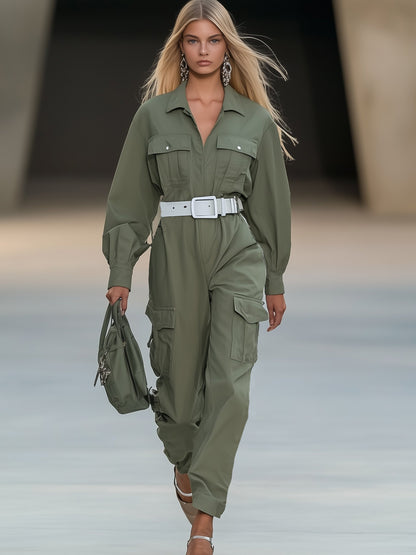 Casual Loose Workwear Army Green Long-Sleeved Jumpsuit